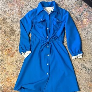 VINTAGE 1970s Plaza South Blue Button-Down Midi Dress 8